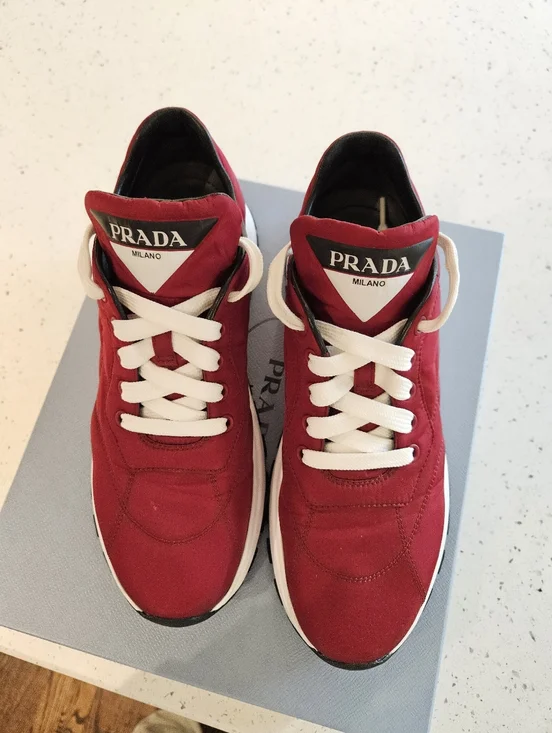 PRADA Red and White Lace-Up Sneakers - Picture 7 of 8